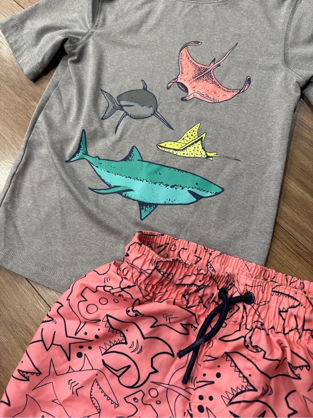 Cat & Jack Gray Rash Guard with Pink Shark-Print Swim Trunks
